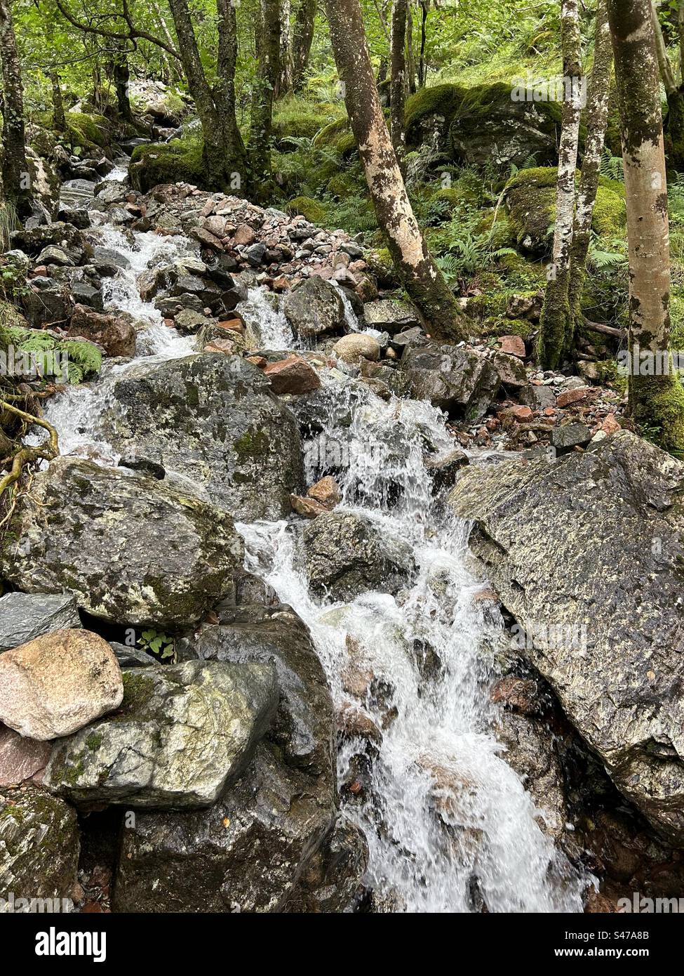 A pochi passi da Steall Falls. Lungo il percorso per la cascata di Steall, la gola di Nevis, vicino a Ben Nevis e Fort William in Scozia. Paesaggi e piccole cascate lungo il percorso verso la cascata principale. - Immagine stock catturata con smartphone