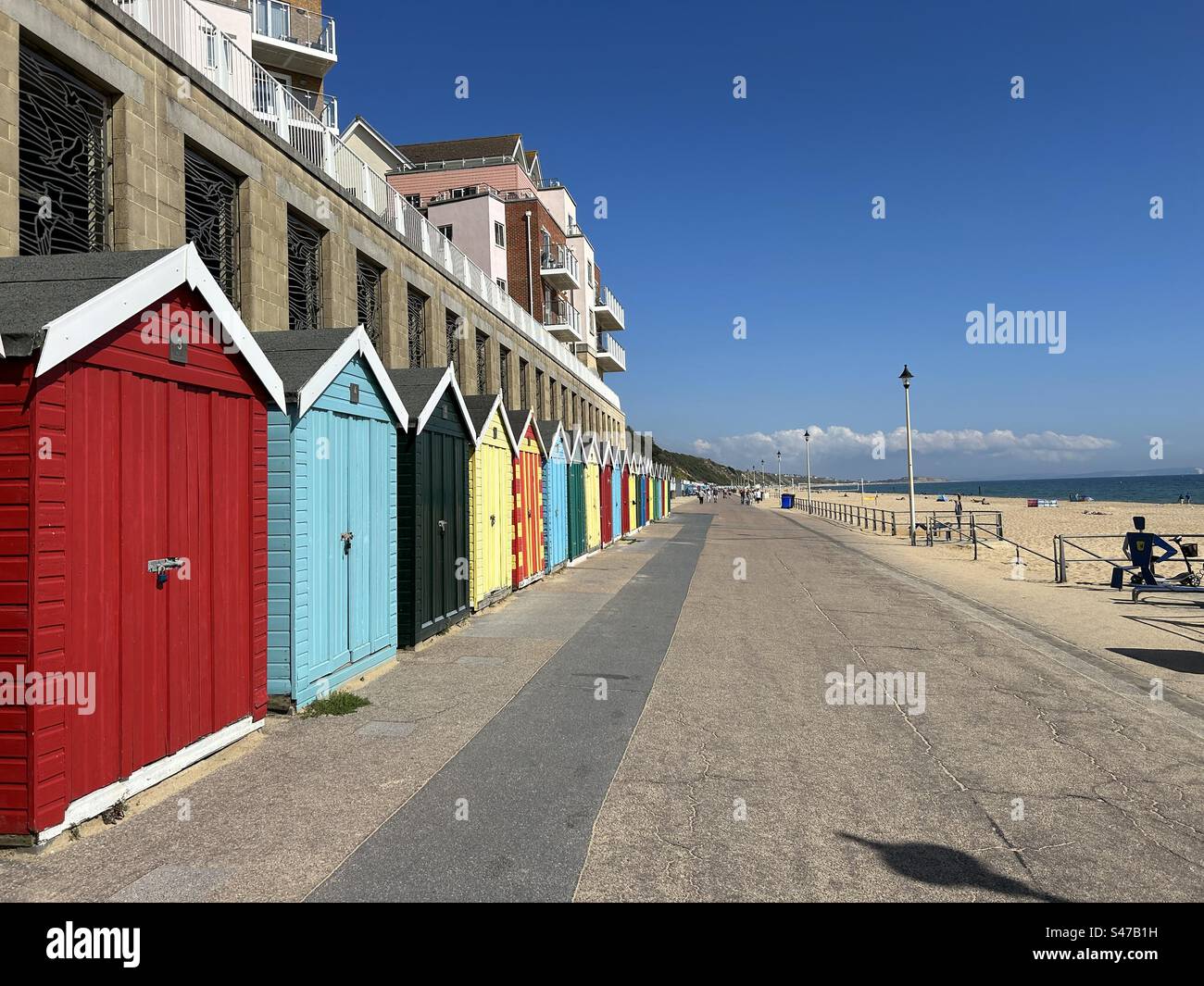Bournemouth Beach. Beach Huts, Boscombe, Bournemouth, Inghilterra, costa meridionale. Foto Stock