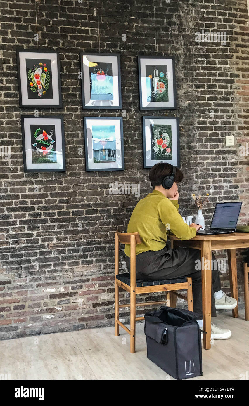 Giovane donna che studia e telelavora in biblioteca - Immagine stock catturata con smartphone