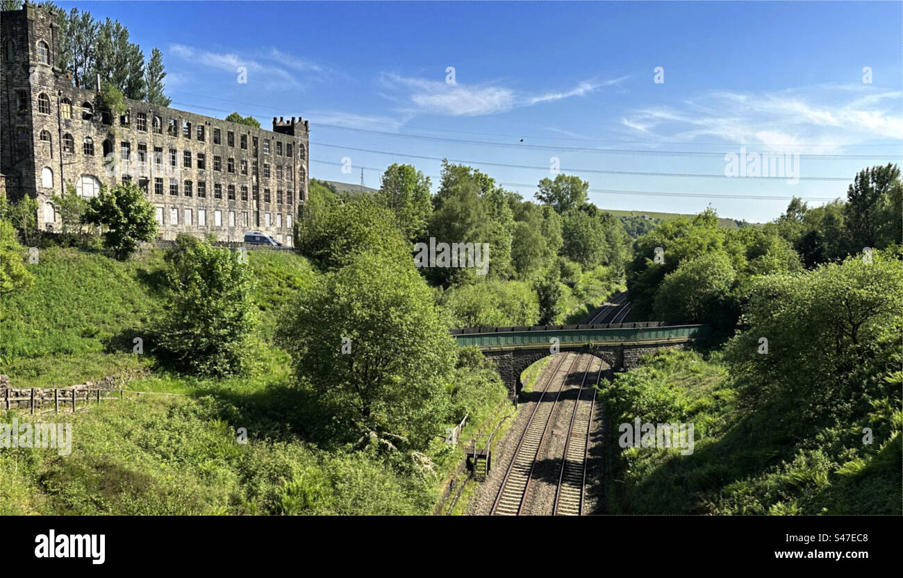 Guardando verso un mulino abbandonato, vicino alla linea ferroviaria di Rochdale, con alberi e piante selvatiche a Littleborough, Regno Unito Foto Stock