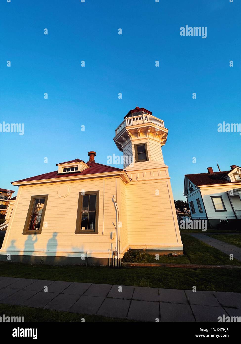Faro di Mukilteo, Washington, al tramonto - Immagine stock catturata con smartphone