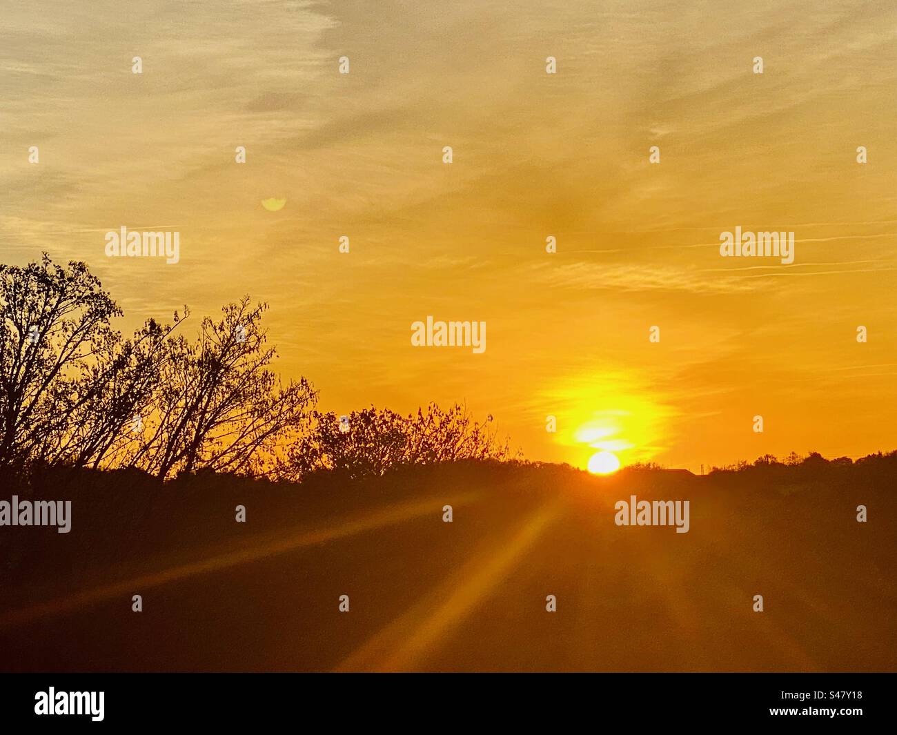 Alba della Cornovaglia su un paesaggio e alberi - Immagine stock catturata con smartphone