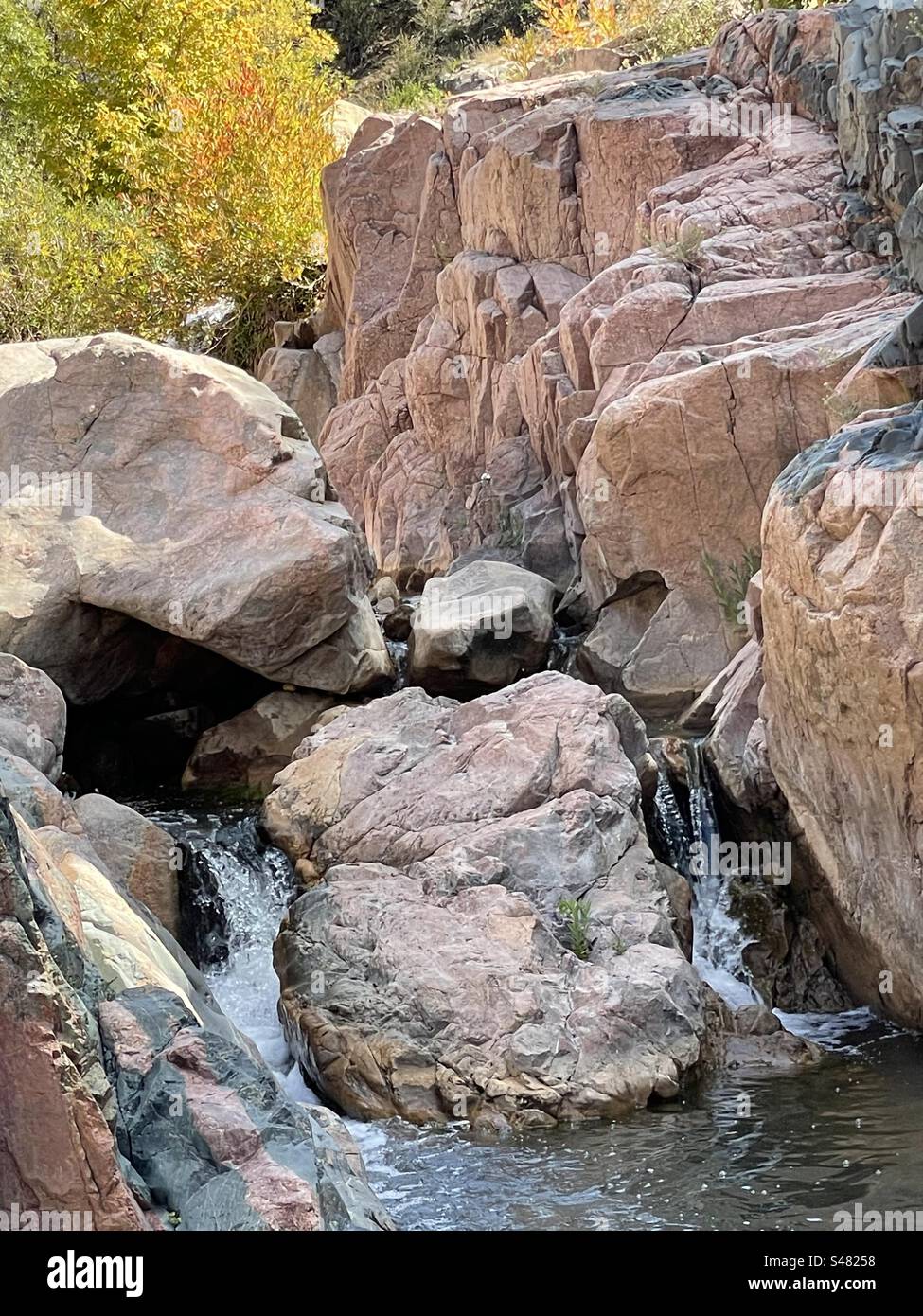 East Verde River, Water Wheel Falls Trail, canale di roccia di granito rosa, foglie di inizio autunno retroilluminate, Payson, Arizona Foto Stock