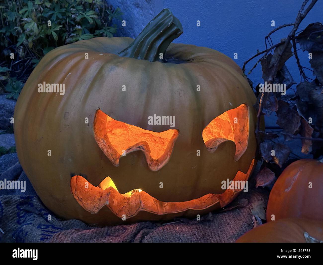 Una zucca scolpita jack-o-lantern. Foto Stock