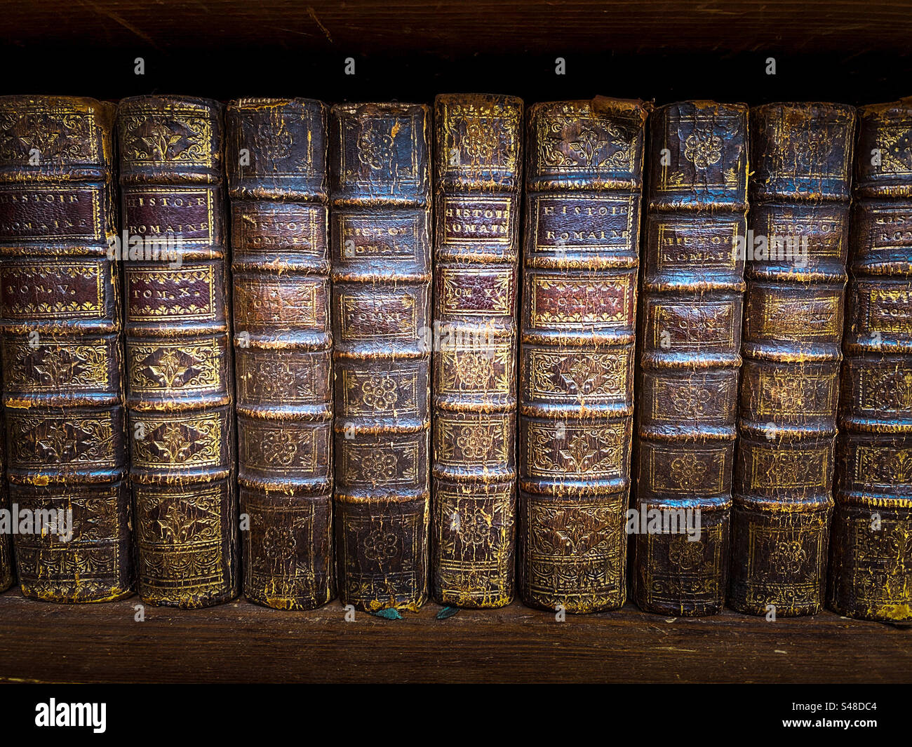 Serie di libri antichi. Versione francese della storia di Roma. - Immagine stock catturata con smartphone