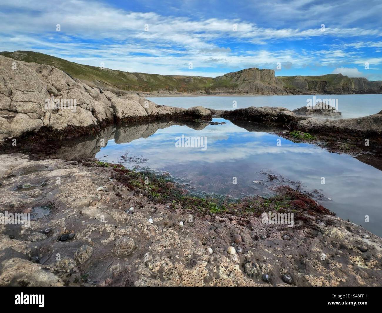 Piscina di roccia a Fall Bay, Gower, Swansea, Galles. Foto Stock