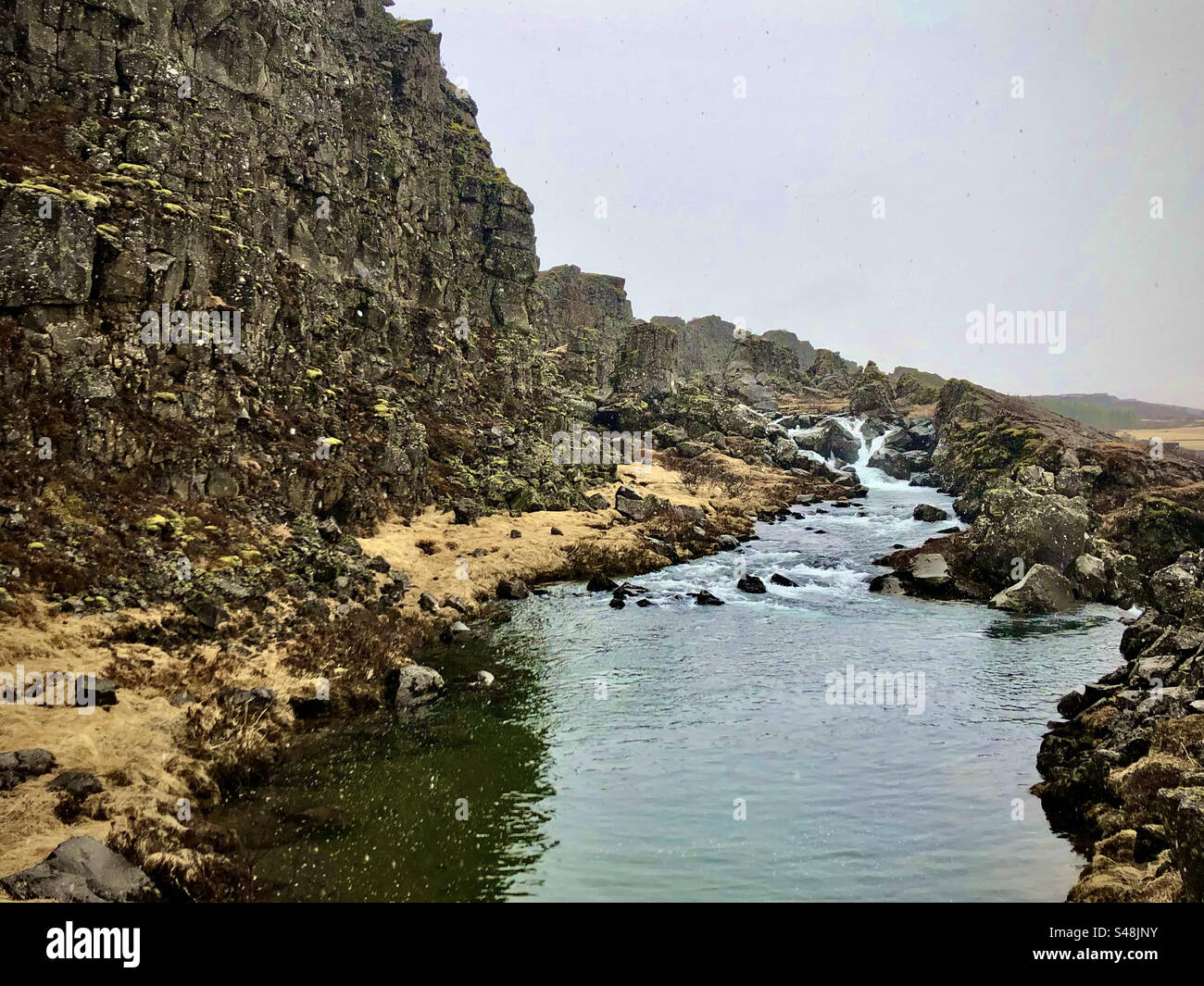 Un'alta scogliera e un sentiero vicino al confine della placca in Islanda. Ci sono rocce sciolte sparse su una radura di erba gialla. Ci sono piccole boccole e ramoscelli intorno. Un piccolo flusso d'acqua di fronte. Foto Stock