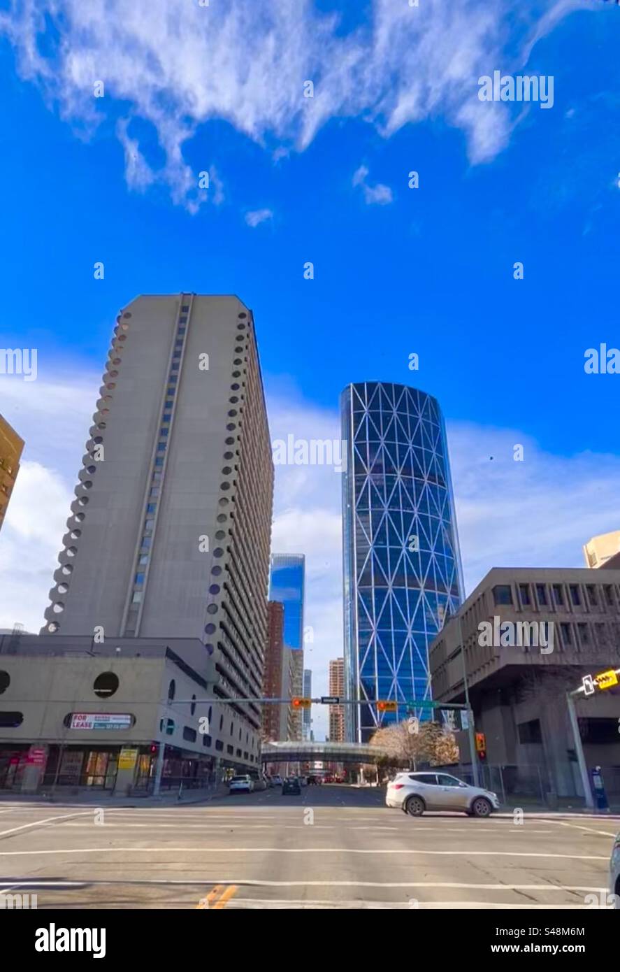 Downtown Calgary, Alberta, 6th Avenue South, grattacielo, torri per uffici, condos, ricchezza, affari, commercio Foto Stock