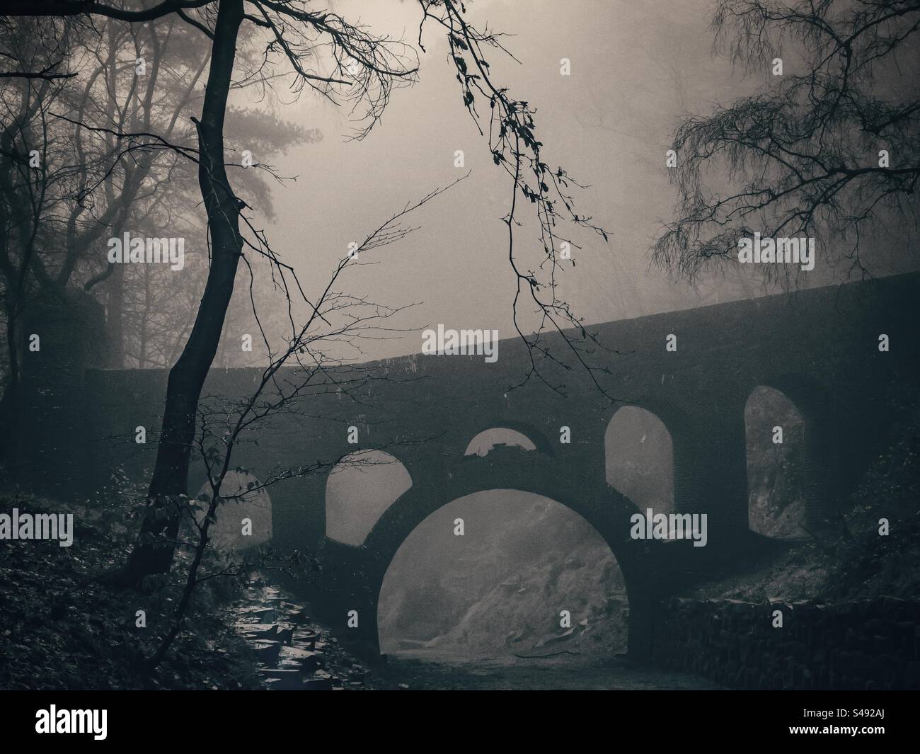 Lever Bridge sotto la pioggia e la nebbia a Rivington vicino a Chorley nel Lancashire - Immagine stock catturata con smartphone