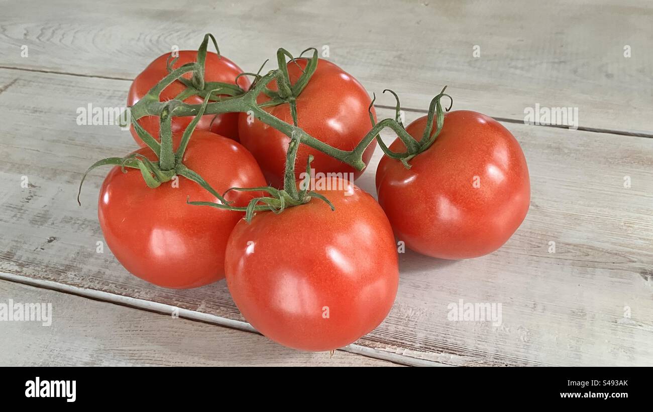 Un gruppo di pomodori sulla vite Foto Stock