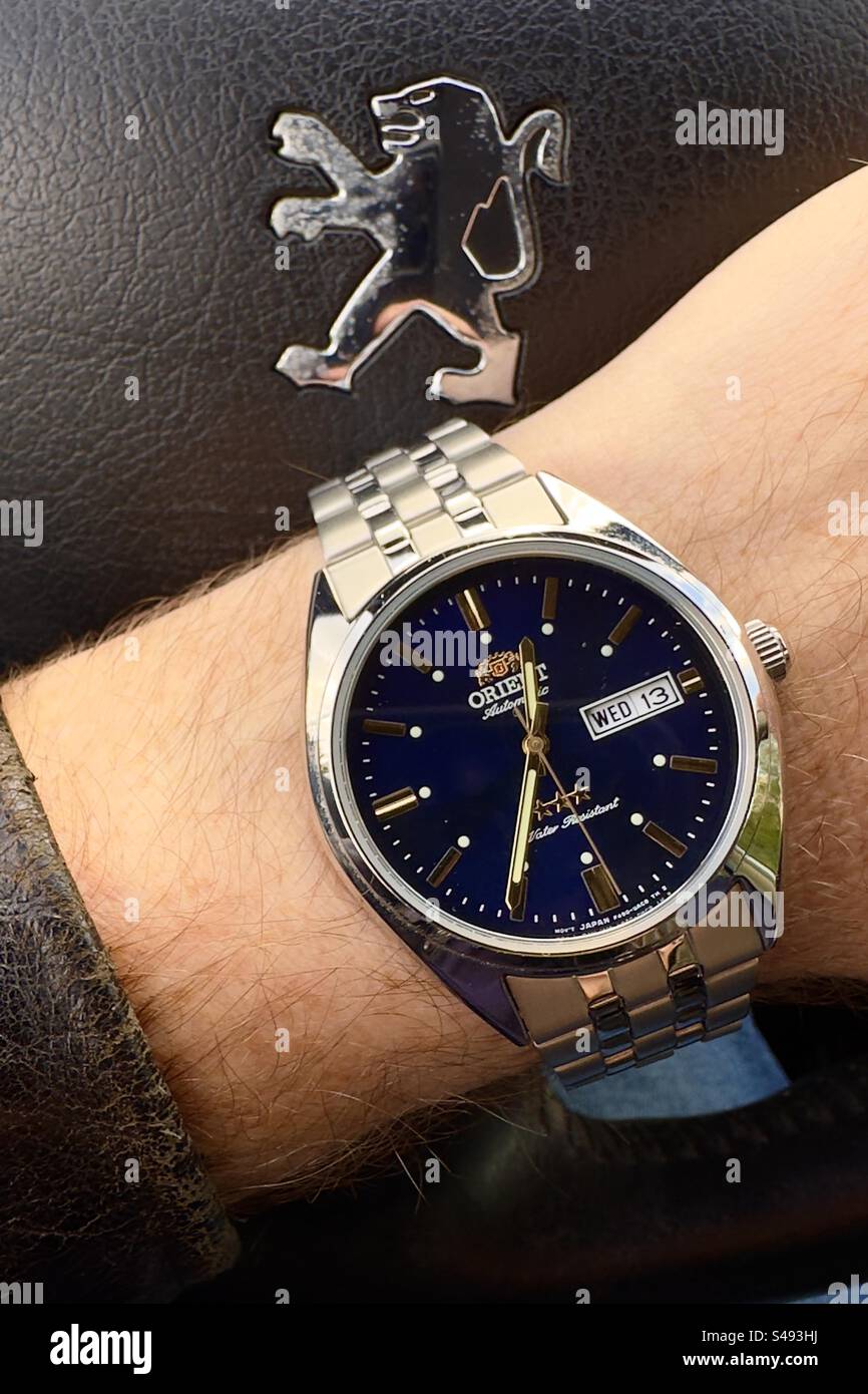 Primo piano di un orologio Orient Automatic Tristar con quadrante blu intenso e indici d'ora dorati e mani sul polso peloso con giacca in pelle sopra il volante di un'auto francese nera. Foto Stock