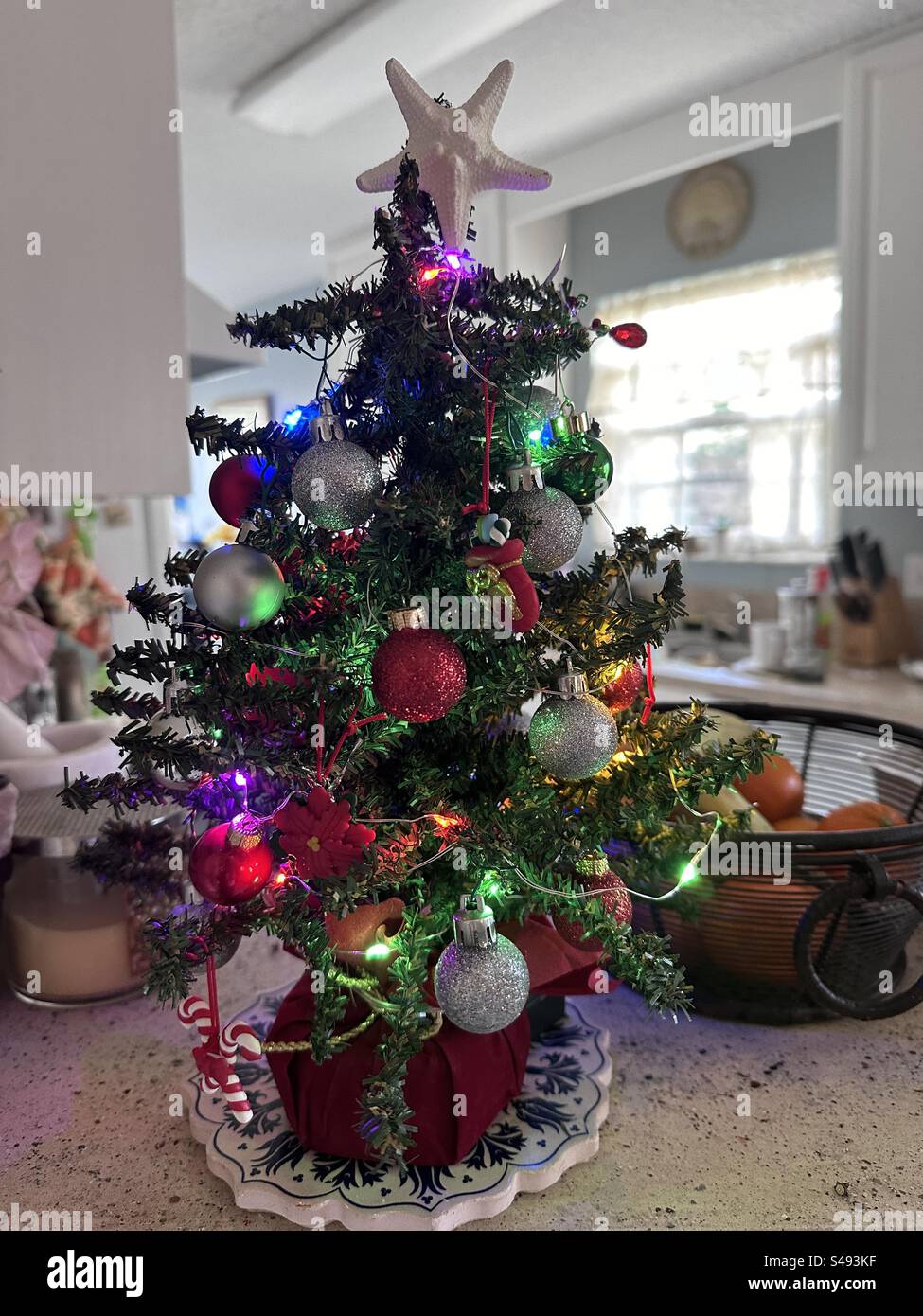 Un albero di Natale in miniatura su un bancone della cucina. Foto Stock