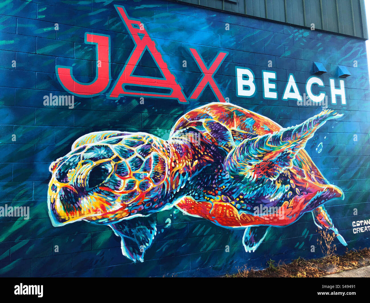 Arte muraria di una tartaruga marina a Jacksonville Beach, Florida , USA. - Immagine stock catturata con smartphone