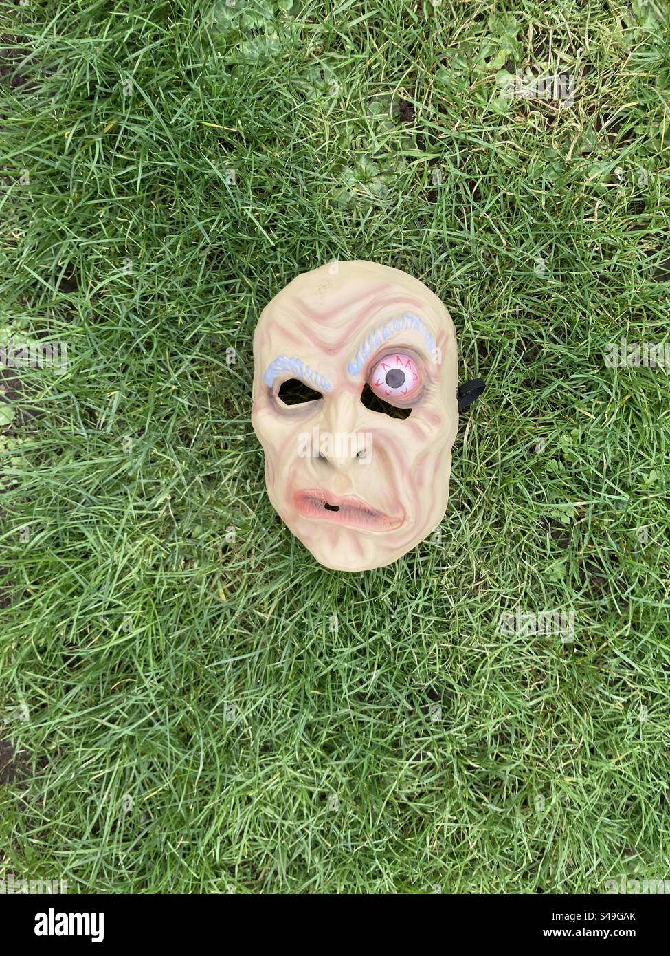 Maschera grottesca che posa sull'erba a terra Foto Stock