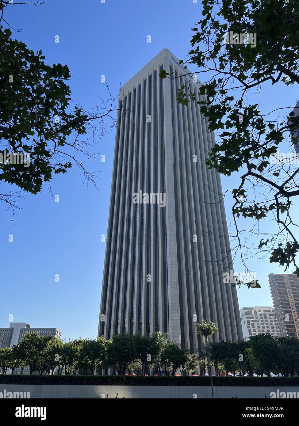 LOS ANGELES, CALIFORNIA, JUL 18, 2023: Vista attraverso gli alberi della Bank of America Tower in centro, giorno, con cielo blu in alto Foto Stock