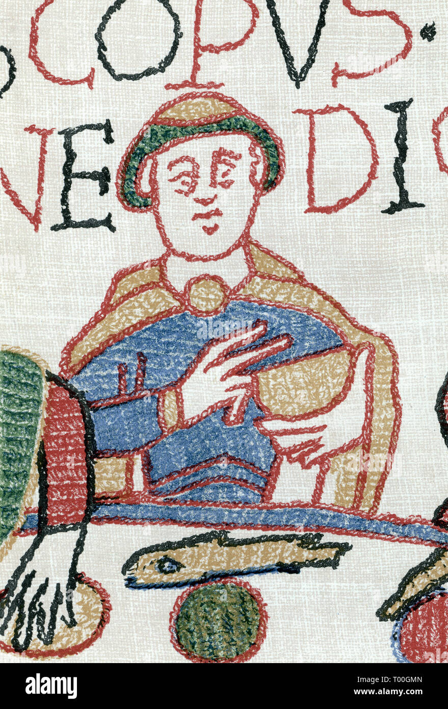 Arazzo di Bayeux: Vescovo Oddone dicendo grazia dopo Norman lo sbarco in Inghilterra, Settembre, 1066. L'Arazzo di Bayeux è un panno ricamato misurano circa 70 metri (230 ft) di lunghezza e 50 cm (20 in) di altezza. Essa descrive gli eventi che portano fino alla conquista normanna dell'Inghilterra in materia di Guglielmo duca di Normandia e Harold, Earl del Wessex, successivamente re d'Inghilterra, e culminata nella battaglia di Hastings. Foto Stock