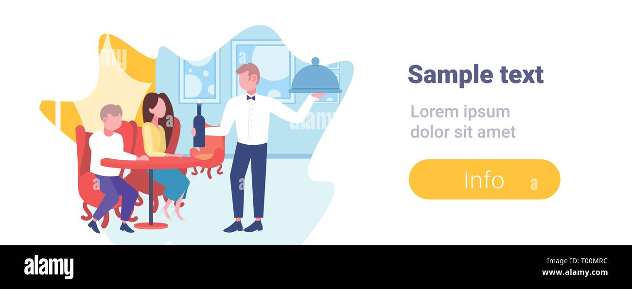 Visitatori giovane seduto al tavolo al cameriere che serve pasti e vino moderno Cafe' interno lussuoso ristorante personale concetto di ospitalità piana orizzontale pieno Illustrazione Vettoriale