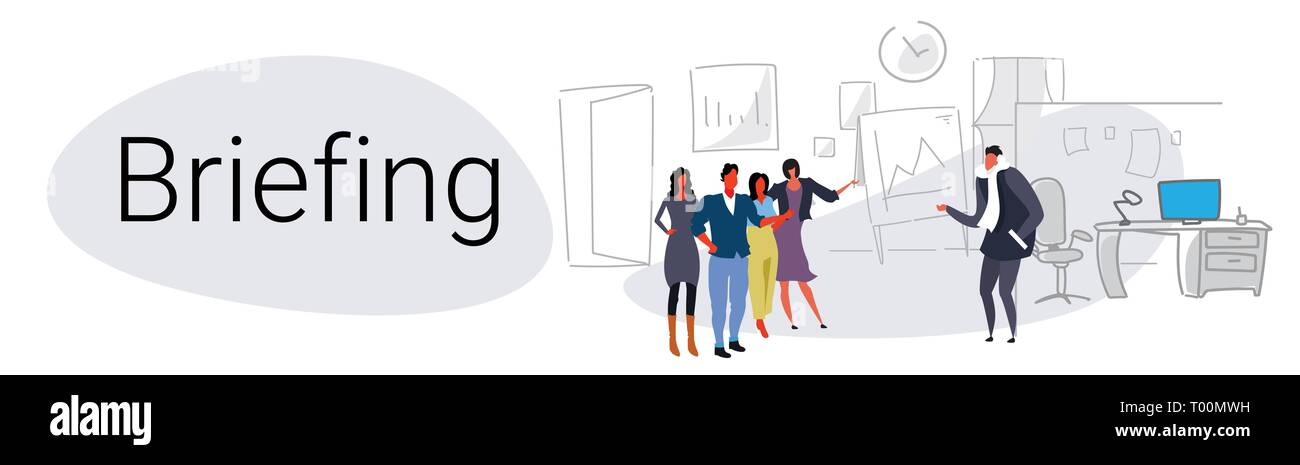 Gruppo di imprenditori teamwork training conference meeting Lavagna presentazione concetto di briefing ufficio moderno interior disegno doodle a piena lunghezza Illustrazione Vettoriale