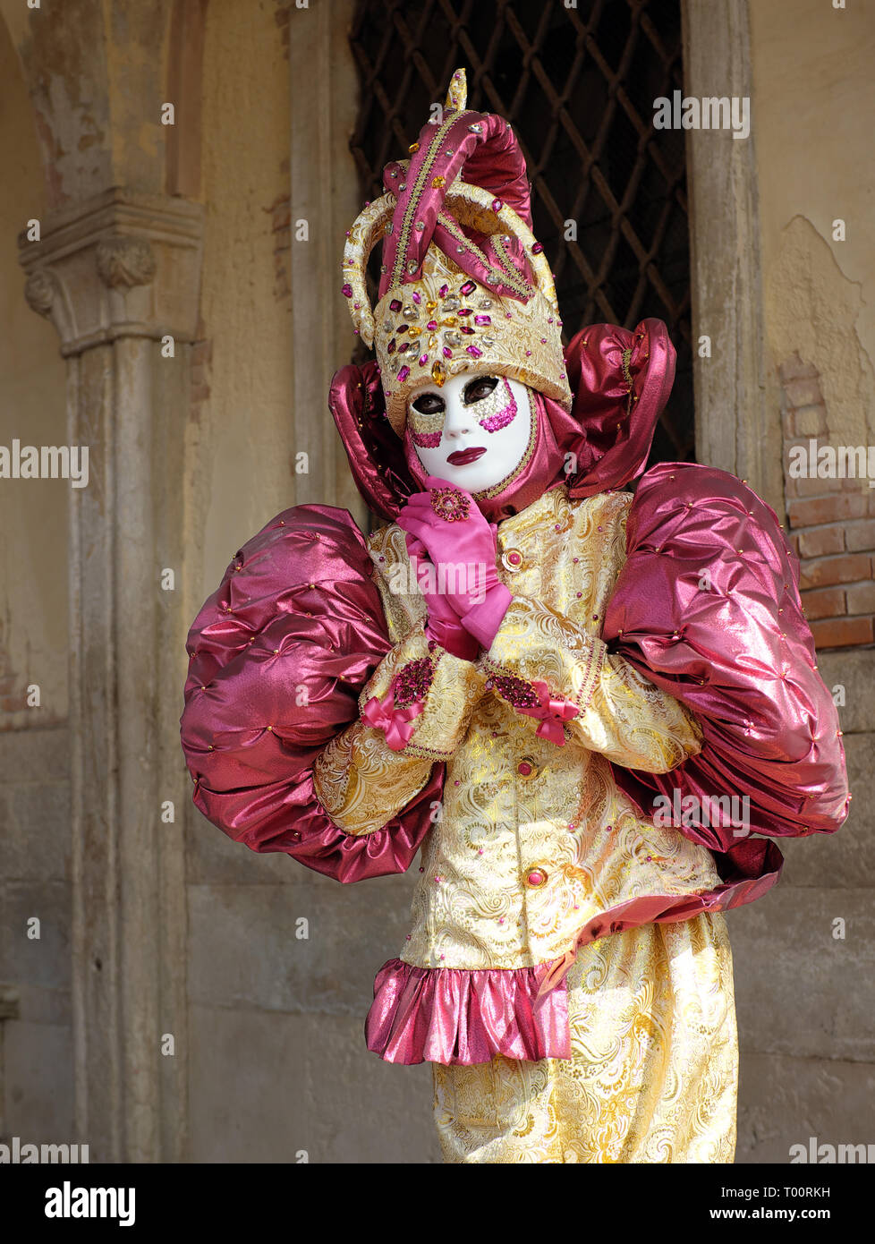 L'uomo vestito di tradizionale maschera e costume per il Carnevale di Venezia in piedi al palazzo ducale di Piazza San Marco, Venezia, Veneto, Italia Foto Stock