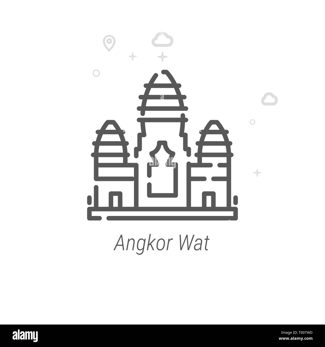 Angkor Wat, Cambogia Icona linea. I punti di interesse storico simbolo, il pittogramma, segno. Luce geometrica astratta sfondo. Corsa modificabile. Regolare il peso della linea Foto Stock