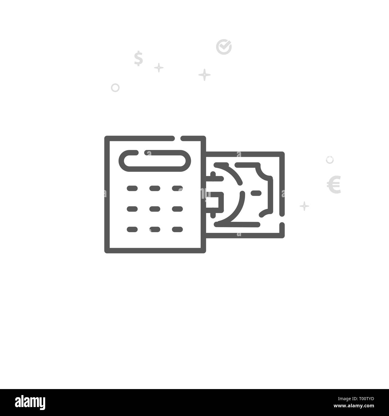 Calcolatrice di denaro Icona linea. Denaro e finanze simbolo, il pittogramma, segno. Luce geometrica astratta sfondo. Corsa modificabile. Regolare il peso della linea. Desig Foto Stock