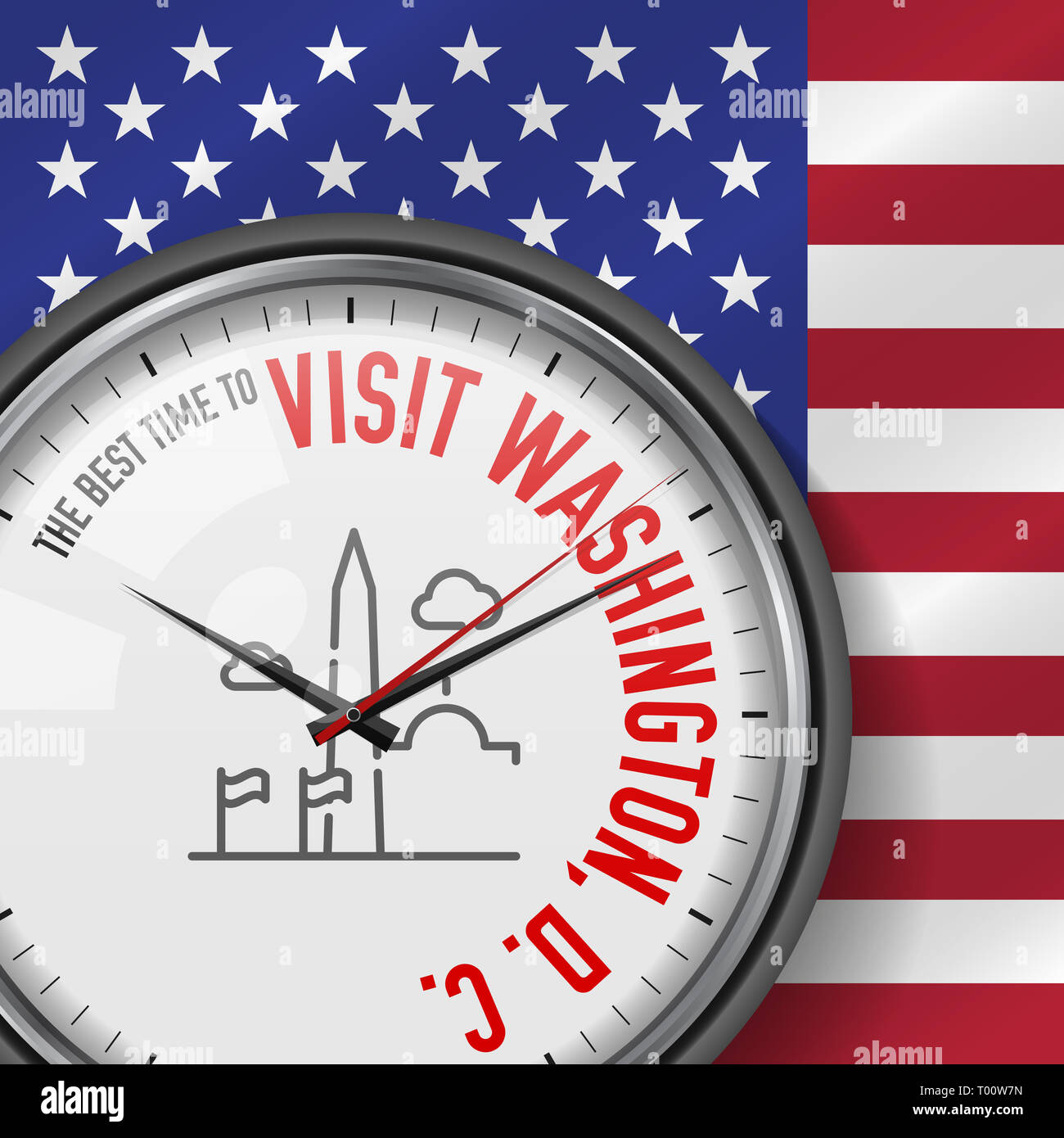 Il momento migliore per visitare Washington, D. C. orologio bianco con slogan motivazionali. Analogico orologio in metallo con vetro. Illustrazione sulla bandiera americana Backgroun Foto Stock