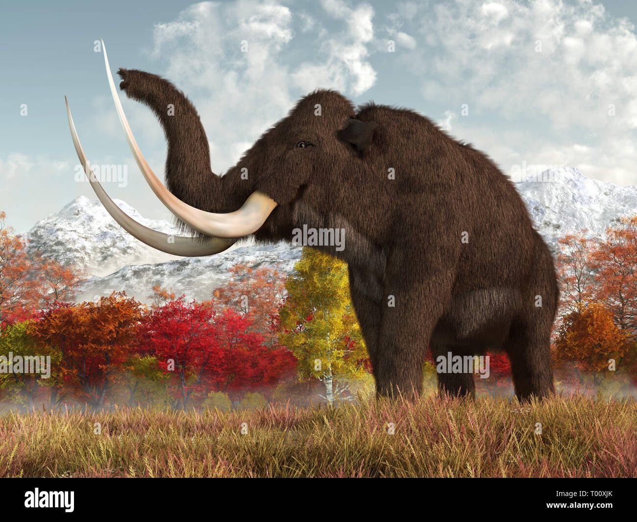 Un shaggy mammut lanosi sorge nell'erba lunga di un campo in una scena d'autunno. Questo imponente animale è una creatura estinto di Ice Age. Foto Stock