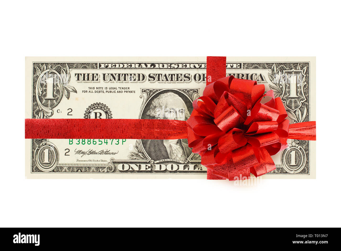 1 dollaro di denaro contante con nastro rosso isolato su sfondo bianco. Un dollaro Usa bill Foto Stock