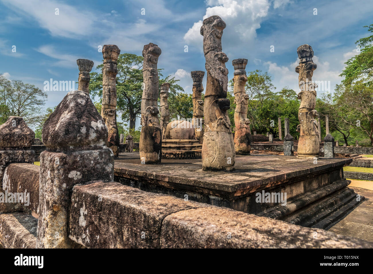 Le rimanenti colonne permanente di un monastero buddista presso la città antica in Polonnarawu nella provincia centrale di Sri Lanka. Foto Stock