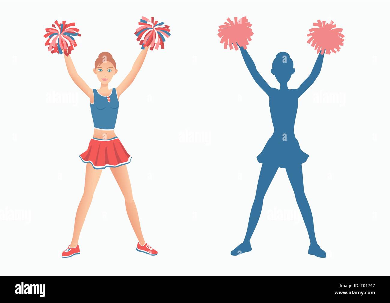 Cheerleader con il pom-pom e la sua silhouette su sfondo bianco. Illustrazione Vettoriale