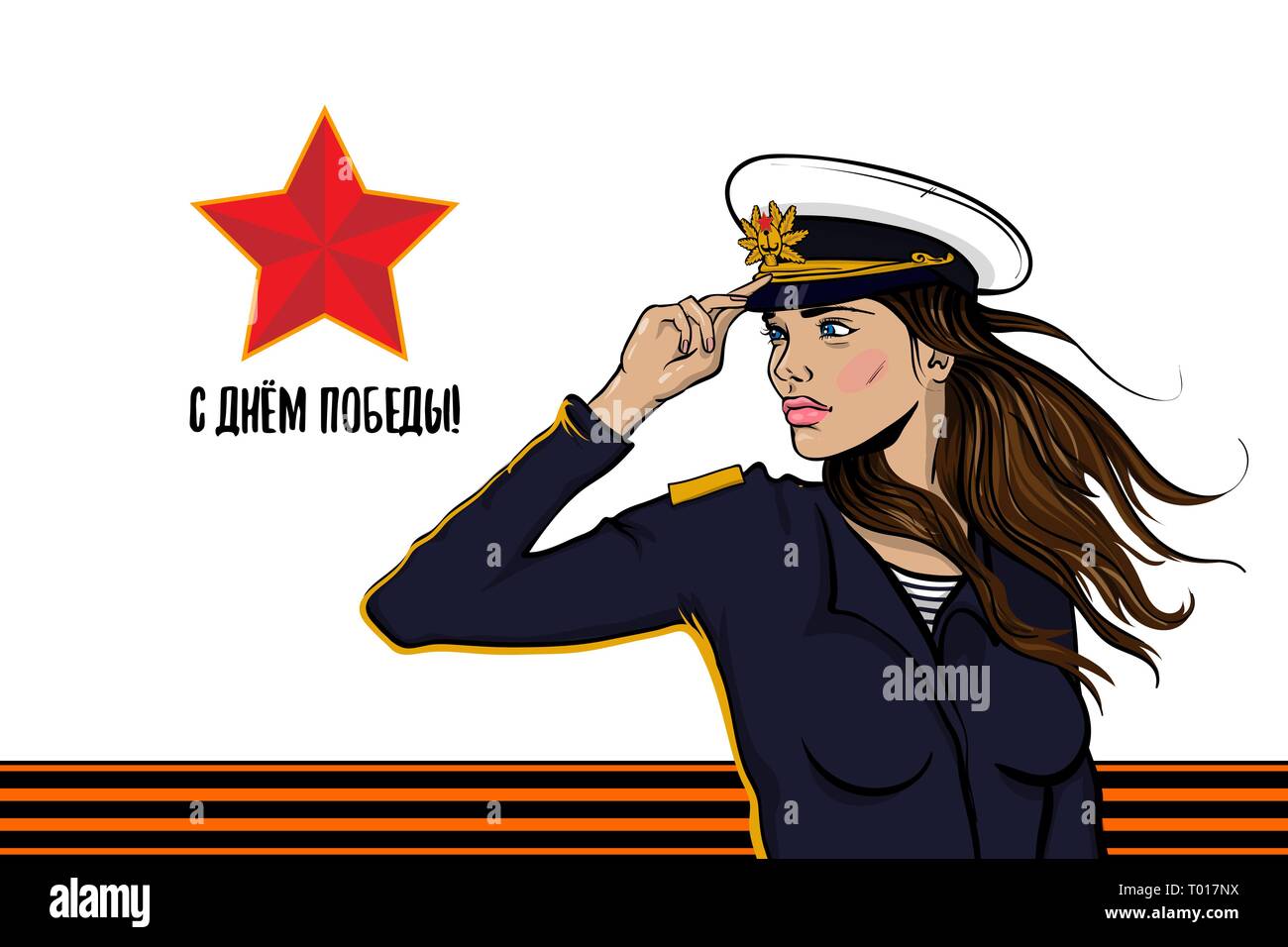 9 maggio Grande guerra vittoria veterani della scheda di memoria. Ritratto giovane soldato brunette donna pop art in blu navy camouflage uniforme. Trincia-cap-Unione sovietica r Illustrazione Vettoriale