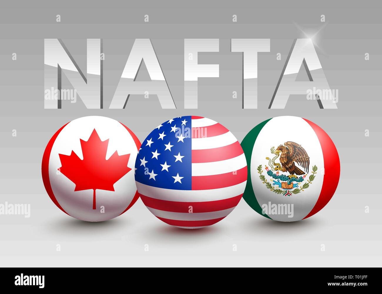 Il vettore delle bandiere di paesi NAFTA in forma di una sfera. Canada, Stati Uniti d'America e del Messico. Politico e accordo economico Illustrazione Vettoriale
