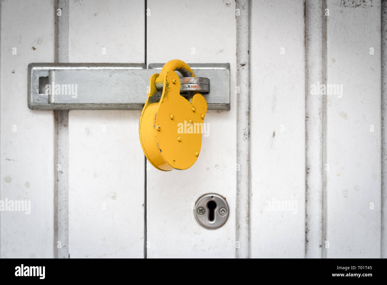 Blocco singolo per impieghi pesanti resistente lucchetto giallo su un metallo bianco porta con copyspace area per sicurezza disegni a tema e idee Foto Stock