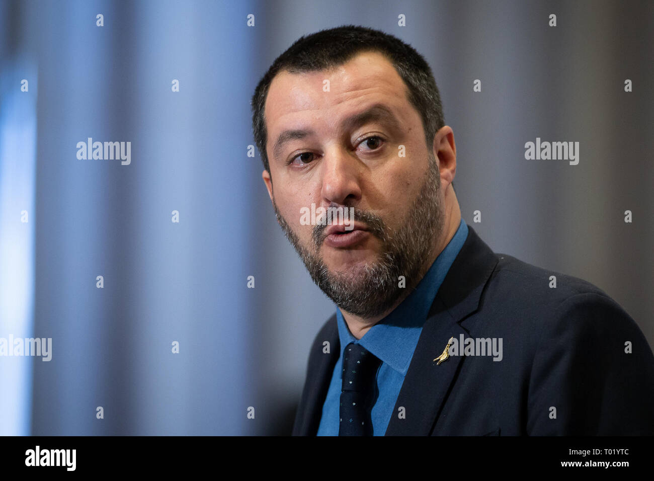 Il vice primo ministro italiano Matteo Salvini durante la conferenza stampa con il ministro polacco degli interni Joachim Brudzinski al ministero degli Interni a Varsavia in Polonia il 9 gennaio 2019 Foto Stock