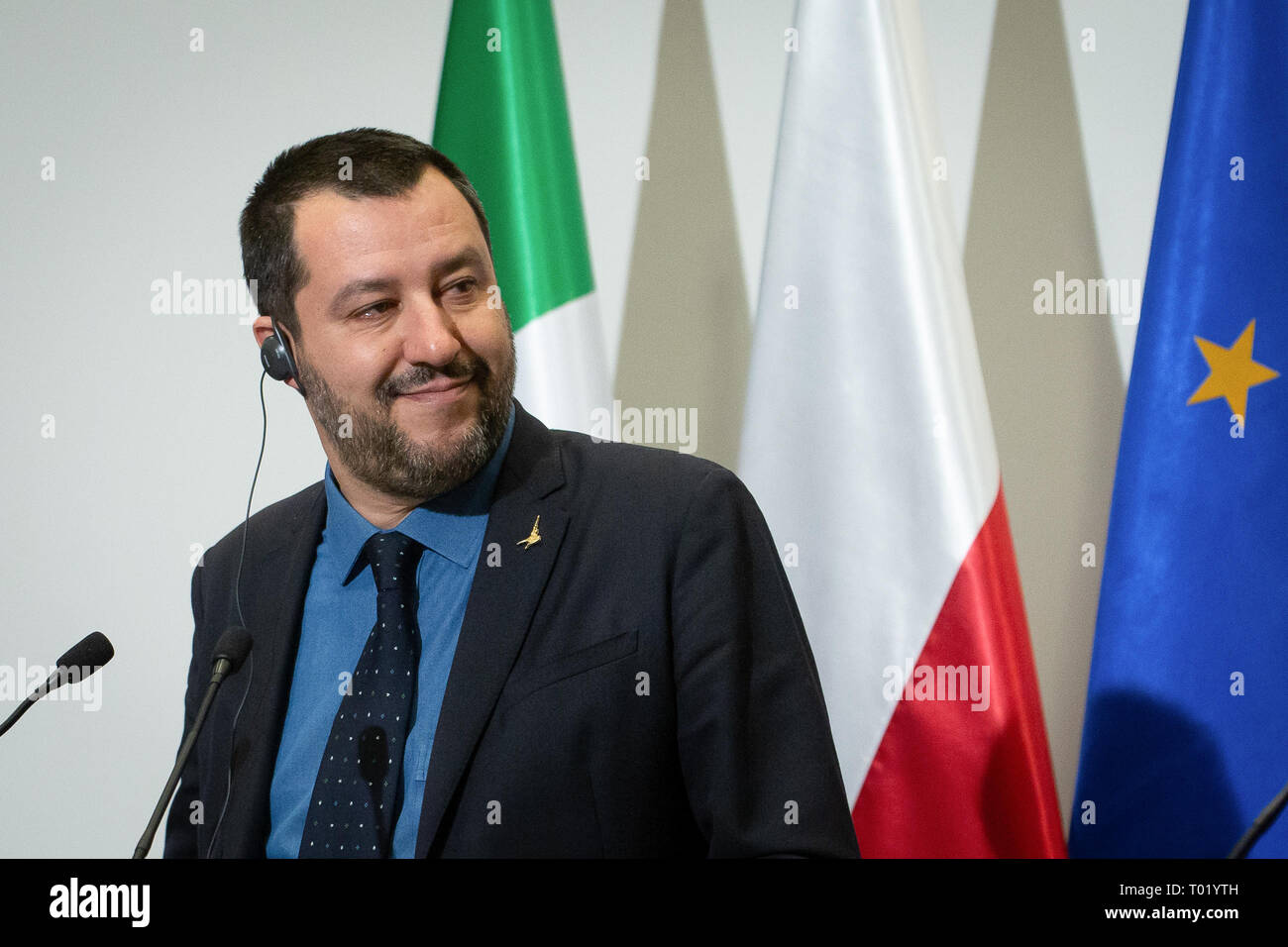 Il vice primo ministro italiano Matteo Salvini durante la conferenza stampa con il ministro polacco degli interni Joachim Brudzinski al ministero degli Interni a Varsavia in Polonia il 9 gennaio 2019 Foto Stock