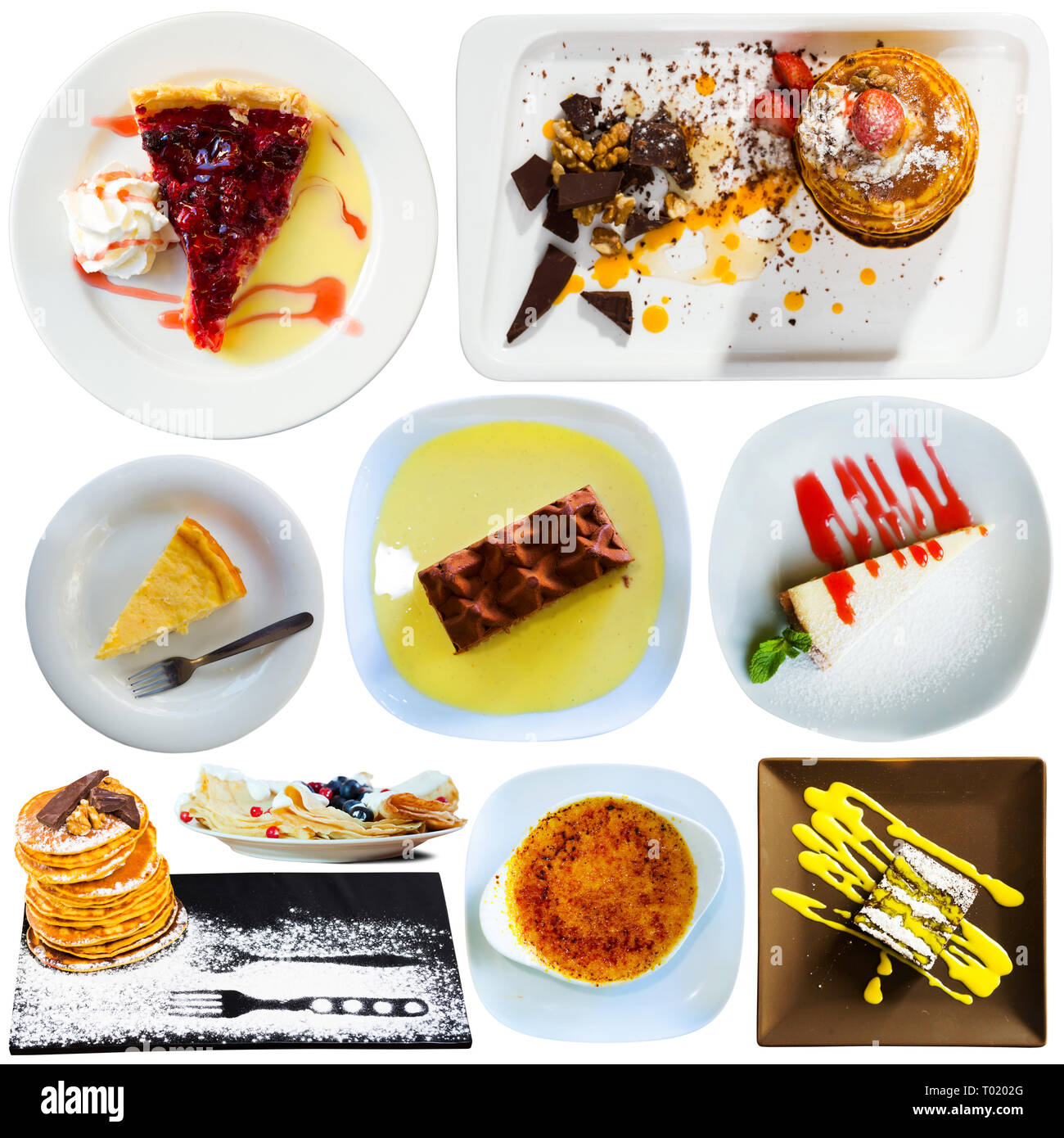 Collage di diversi dessert isolati su sfondo bianco Foto Stock
