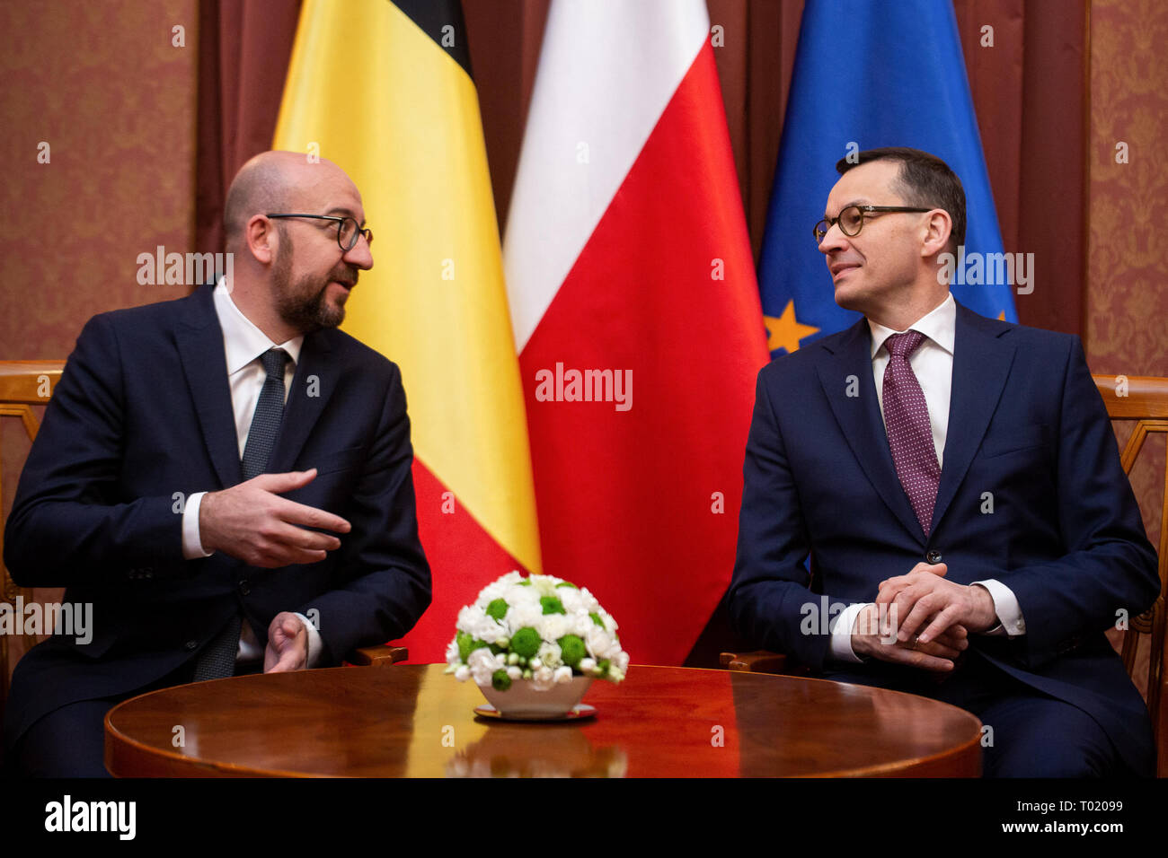 Primo ministro del Belgio Charles Michel e il Primo ministro della Polonia Mateusz Morawiecki durante la riunione a Varsavia in Polonia il 12 marzo 2019 Foto Stock