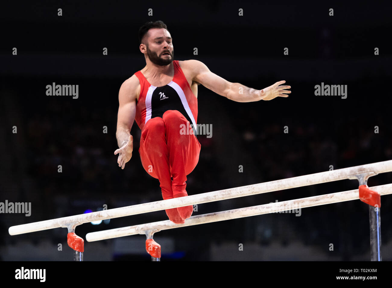 Liverpool, Regno Unito. 16 marzo 2019. James Hall (Pegasus Palestra Club) esegue le barre parallele nell'uomo il Senior completa durante il 2019 la ginnastica del Campionato Britannico a M&S Bank Arena Sabato, 16 marzo 2019. LIVERPOOL ENGLAND. (Solo uso editoriale, è richiesta una licenza per uso commerciale. Nessun uso in scommesse, giochi o un singolo giocatore/club/league pubblicazioni.) Credito: Taka G Wu/Alamy News Credito: Taka Wu/Alamy Live News Foto Stock