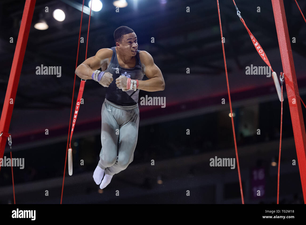 Liverpool, Regno Unito. 16 marzo 2019. Joe Fraser (città di Birmingham) esegue l'anello ancora nell'uomo il Senior completa durante il 2019 la ginnastica del Campionato Britannico a M&S Bank Arena Sabato, 16 marzo 2019. LIVERPOOL ENGLAND. (Solo uso editoriale, è richiesta una licenza per uso commerciale. Nessun uso in scommesse, giochi o un singolo giocatore/club/league pubblicazioni.) Credito: Taka G Wu/Alamy News Credito: Taka Wu/Alamy Live News Foto Stock