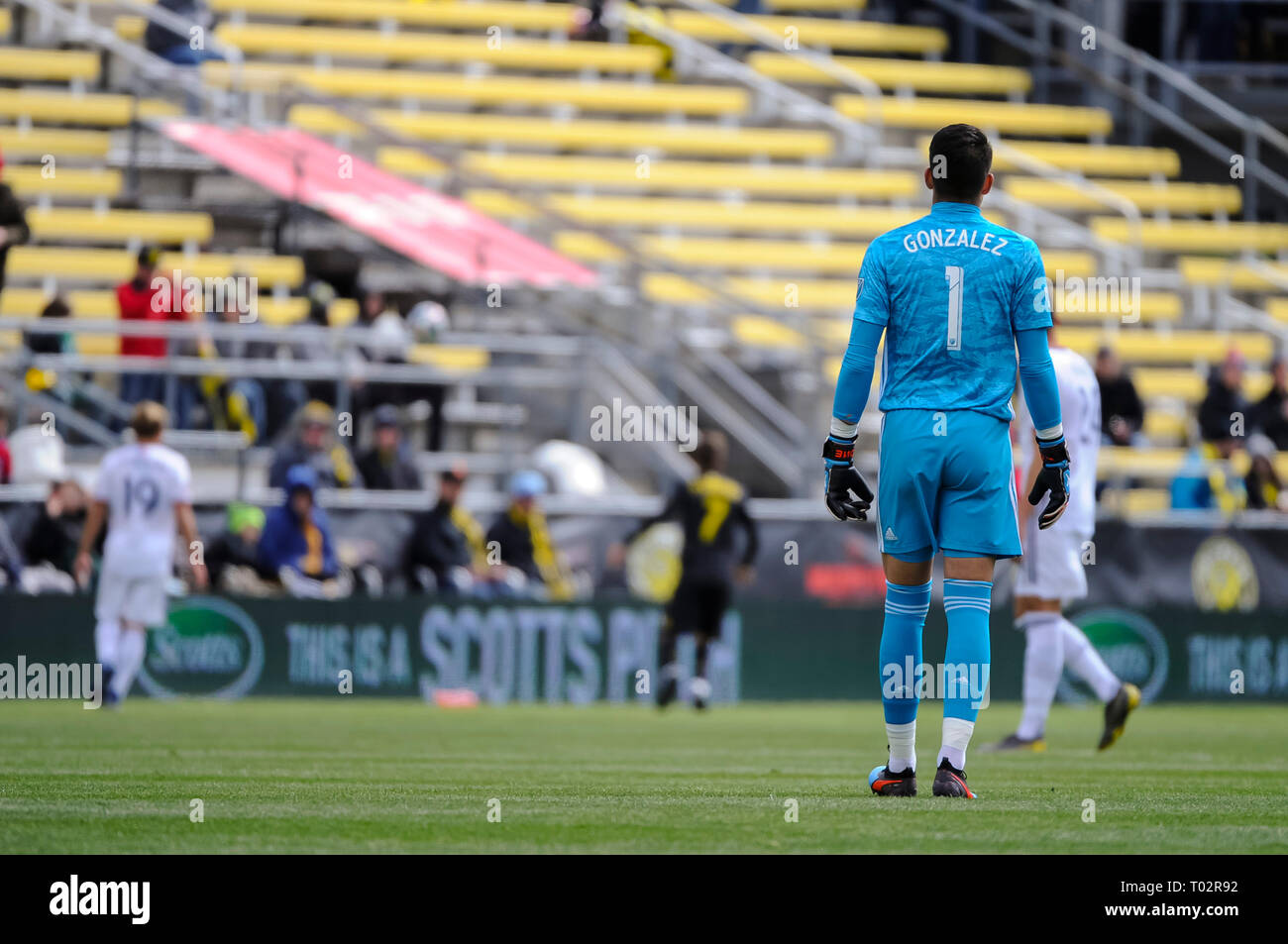 Sabato, 16 marzo 2019: FC Dallas goalkeeper Jesse Gonzalez (1) OROLOGI giocare nella prima metà della partita tra FC Dallas e Columbus Crew SC a MAPFRE Stadium, in Columbus OH. Obbligatorio Photo credit: Dorn Byg/Cal Sport Media. Columbus Crew SC 1 - FC Dallas 0 Foto Stock