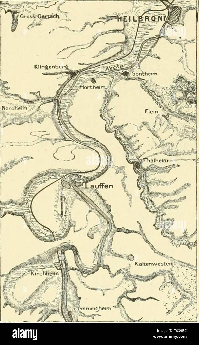 La terra e i suoi abitanti .. . Earthitsinhabita386recl Anno: 1883 WÛETTEMBEEG E HOHENZOLLERN. 219 Fig.;. 126. Heilbeonn e il loop di ' ' di Lauffen. Scala 1 : 163000. |c.".^^fcH ^^^,=::âP^^IO L^ROWi; più a nord tlie, divide l'altopiano centrale dell'Rauhe Alp da quella del Albach. Un terzo sulla gola del fiume separa la Albach dal Hardtfeld ; e la bavarese Wernitz divide la fortezza svevo dal Giura francone. Queste violazioni, o gole, offrono servizi particolari per la costruzione di strade e ferrovie. Le montagne calcaree della Svevia sono come ricco di fossili come sono Foto Stock