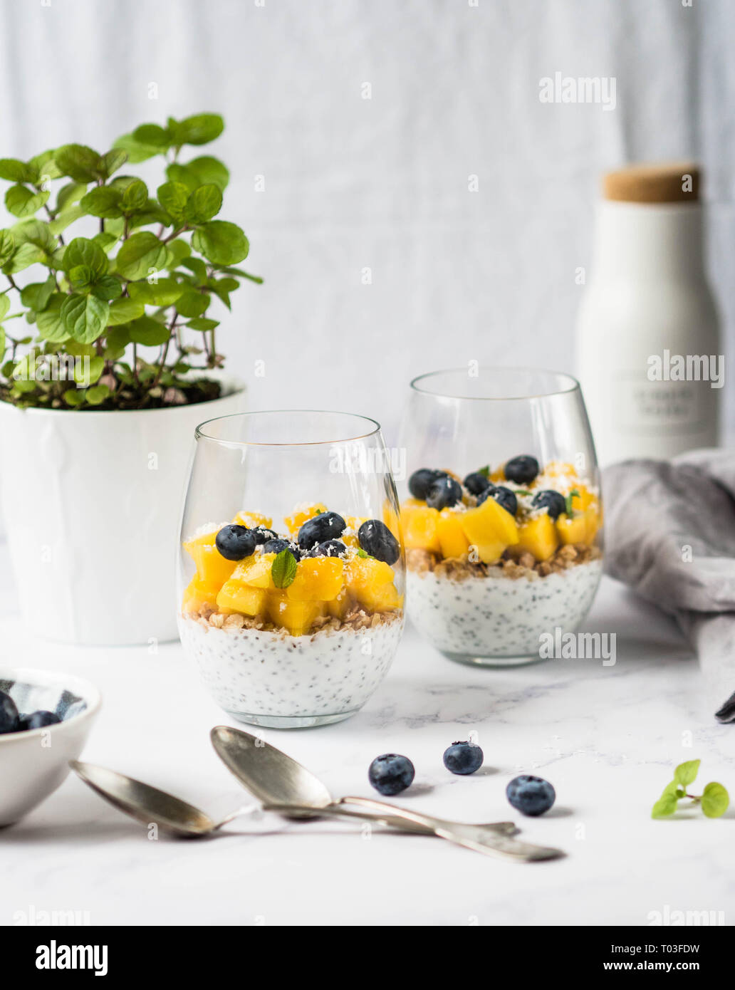 Chia, yogurt, muesli, mango, mirtilli e scaglie di noce di cocco, poche gocce di miele e menta in bicchieri Foto Stock
