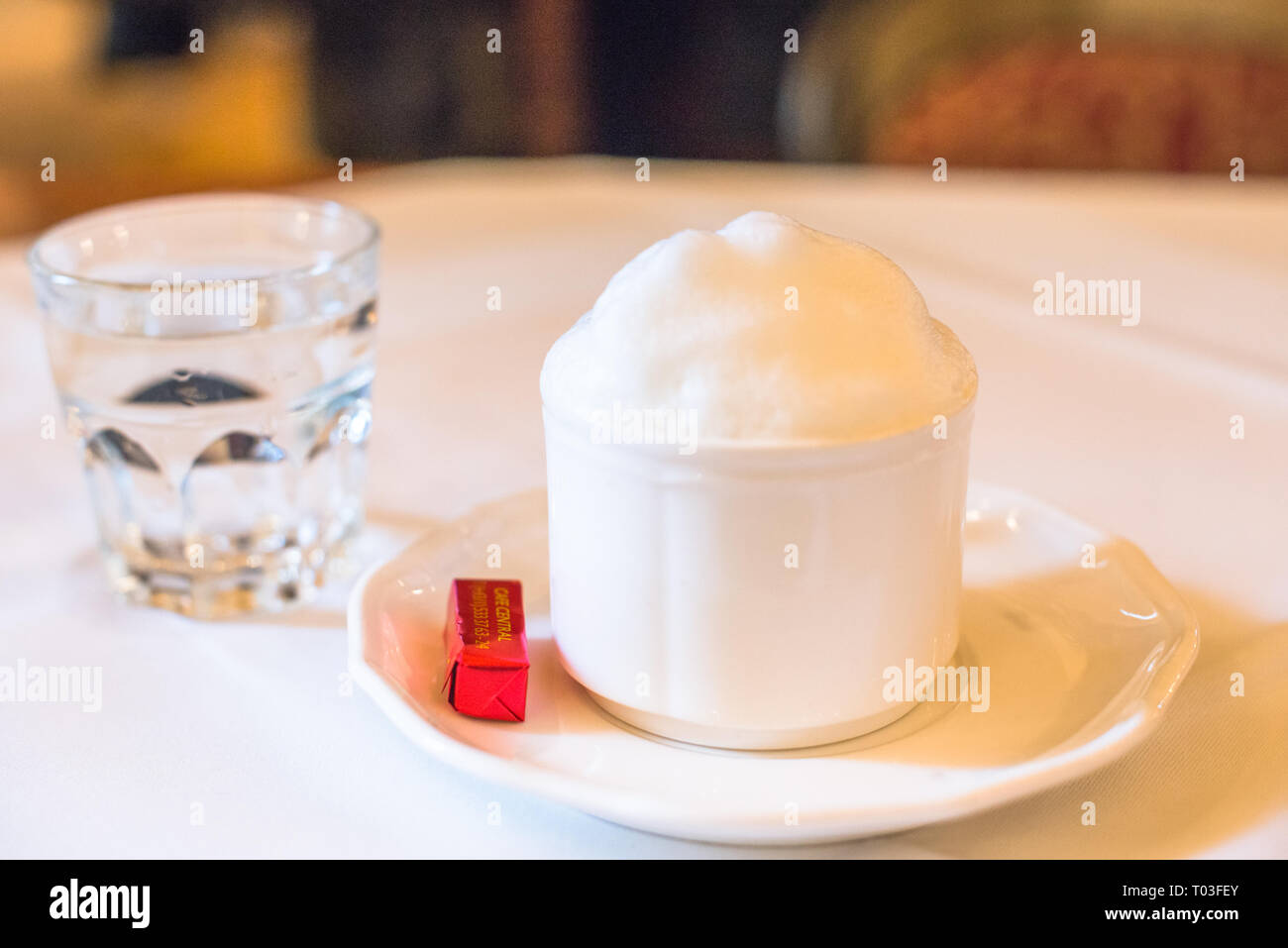 Una tazza di caffè cappuccino presso il famoso Cafe Centrale sulla Herrengasse nella Innere Stadt, Vienna, Austria. Foto Stock