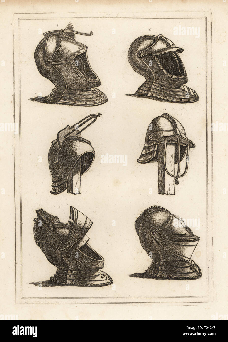 Caschi dalla Torre di Londra. Bloccate il casco con la barra in alto e in basso di 1,2, tre bar casco con barre in alto e in basso 3,4, e casco con visiera e bever 5,6. Incisione su rame di Francis Grose dell antichità militare nel rispetto di una storia dell'esercito inglese, Stockdale, Londra, 1812. Foto Stock
