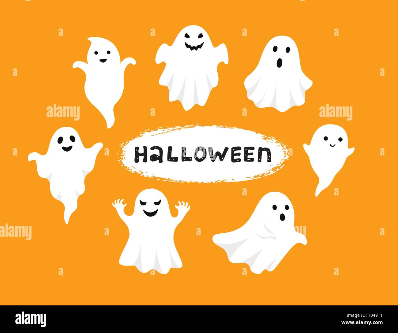 Happy Halloween, fantasma, spaventosi fantasmi bianchi. Cartoon carino spooky carattere. Volto sorridente, mani. Sfondo arancione bigliettino. Illustrazione Vettoriale