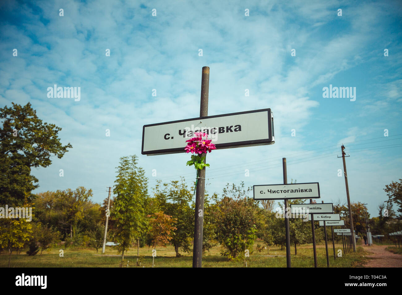 Vicolo di memoria Star assenzio. Il complesso memoriale di reinsediati frazioni di Cernobyl la zona di esclusione - Chapaievka, Chystohalivka. Iampil, Bober Foto Stock