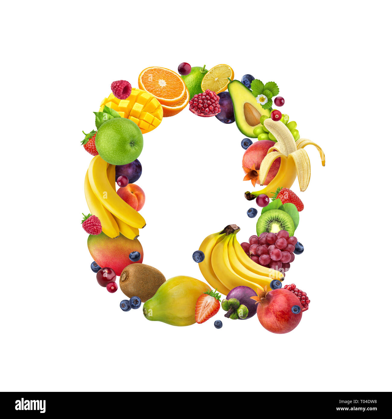 Lettera Q di diversi frutti tropicali e bacche e frutti esotici font isolati su sfondo bianco, alfabeto sani Foto Stock