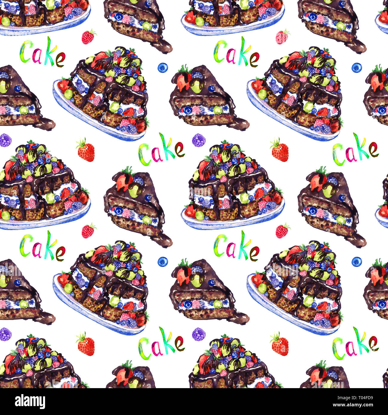 Torta al cioccolato con frutti di bosco e fetta tagliata, dipinte a mano illustrazione ad acquerello con iscrizione, perfetta design pattern su sfondo bianco Foto Stock