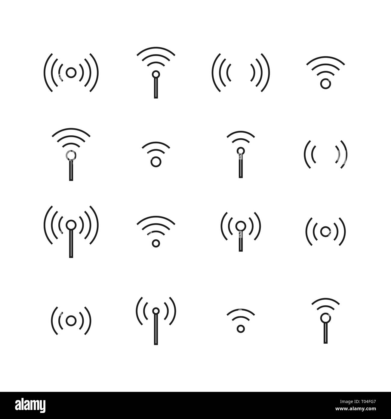 Set di icone di wireless con diversi livelli comunicazione dalla linea sottile. In stile appartamento, illustrazione vettoriale. Illustrazione Vettoriale