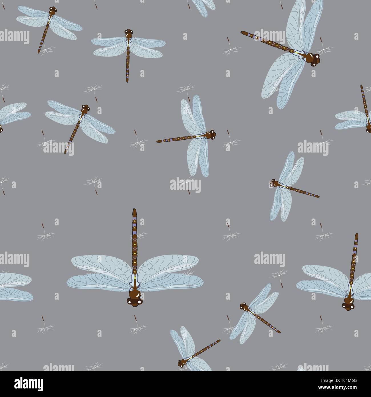 Modello senza cuciture con dragonfly s e tarassaco semi. Dragonfly sfondo. 10 eps Illustrazione Vettoriale